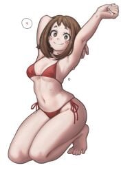 1girls armpits barefoot bikini breasts brown_hair eye_contact feet female lentiyay looking_at_viewer my_hero_academia ochako_uraraka pinup red_bikini short_hair smile solo spoken_heart thick_thighs thighs toes white_background