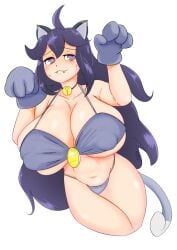 1girls alolan_meowth_(cosplay) alternate_breast_size bell big_breasts blush breasts cat_bell cosplay fangs female game_freak hex_maniac huge_breasts large_breasts light-skinned_female light_skin meowth_(cosplay) nintendo paw_gloves pokemon pokemon_(cosplay) purple_eyes purple_hair setawar_(coco) solo white_background