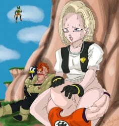 3boys android_16 android_18 bald black_gloves blue_eyes blush cell_(dragon_ball) closed_eyes clothed_sex clothes collar cunnilingus dragon_ball dragon_ball_z female flying gloves kinkybird krillin kuririn male multiple_boys muscular muscular_male open_clothes open_mouth oral surprised