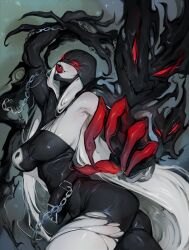 1girls :q black_lipstick chains digimon digimon_(species) female female_only glowing_eyes ladydevimon licking_lips long_hair looking_at_viewer pale-skinned_female pale_skin red_eyes solo solo_female torn_clothes venusflowerart white_hair