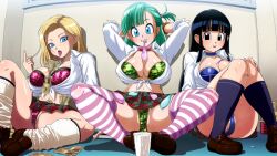 3girls after_fellatio android_18 animal_print armor arms_behind_head big_breasts bikini bikini_armor bimbo bimbo_body black_eyes black_hair blonde_hair blouse blue_bra blue_choker blue_eyes blue_hair blue_legwear blue_panties blunt_bangs bra bra_cups_sticking_out breasts bulma_briefs cameltoe camo_bikini_top camouflage camouflage_bikini chichi chichi's_armor choker cleavage collared_shirt condom condom_in_mouth cum_in_condom cum_in_container cup dragon_ball earrings eyeshadow female female_only front-tie_top gal green_bra green_panties gyaru gyaru_gal kuro_gyaru large_breasts leg_warmers leopard_print lingerie long_hair long_sleeves looking_at_viewer loose_socks makeup microskirt middle_finger miniskirt money money_tuck mouth_hold multiple_girls on_floor panties pink_bra pink_choker pink_legwear pink_nails pink_panties plaid plaid_skirt prostitution raburebo school_uniform shirt shoes short_hair sidelocks sitting skirt skirt_lift socks stray_pubic_hair striped striped_legwear swimsuit teenager teeth_hold thick_thighs thighhighs thighs tongue tongue_out uncensored underwear used_condom white_legwear white_shirt white_socks wide_hips