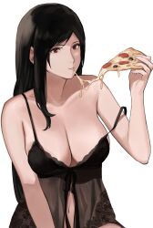 1girls babydoll bare_shoulders belly_button black_hair bra breasts brown_eyes cleavage collarbone eating final_fantasy final_fantasy_vii food highres italian_senate_hack j@ck large_breasts long_hair looking_at_viewer meme navel negligee pizza red_eyes see-through solo swept_bangs tifa_lockhart