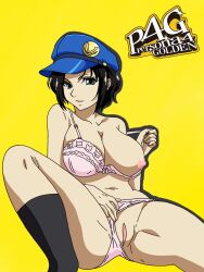 black_hair bra breasts green_eyes hat highres large_breasts legwear looking_at_viewer marie_(persona_4) nipples panties panties_aside persona persona_4 persona_4_the_golden pink_bra pink_panties pussy thighs uncensored underwear yellow_background