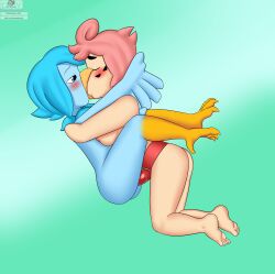 2d 2girls beak blue_feathers feet female female/female female_focus filler_shmazman hugging kissing martlet_(undertale_yellow) multiple_girls pink_hair red_(undertale_red) sex_toy strap-on talons undertale undertale_(series) undertale_fanfiction undertale_yellow vaginal_penetration