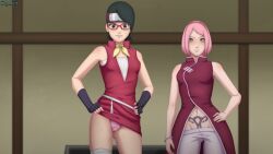 2girls age_difference bare_shoulders before_sex belly_tattoo black_eyes black_hair boruto:_naruto_next_generations bracelet breasts daughter dress dress_lift eyewear facial_mark female female_only fingerless_gloves forehead_mark glasses gloves green_eyes light-skinned_female light_skin looking_at_viewer mature mature_female mature_woman megane milf minidress mostly_clothed mother mother_and_daughter naruto naruto_(series) neckerchief no_panties older older_female pale-skinned_female pale_skin panties pants pelvic_curtain pink_hair red-framed_glasses sakura_haruno sarada_uchiha scy_25 small_breasts take_your_pick tattoo tease teasing teenage_girl teenager tight_clothing young younger_female