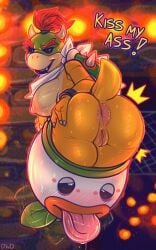 2021 absurd_res aged_up anthro anus ass ass_focus big_anus big_butt biped blush bodily_fluids bowser_jr. breasts digital_media_(artwork) dimwitdog english_text female genitals green_body hair hand_on_butt hi_res horn koopa koopa_clown_car mario_(series) mtf_crossgender multicolored_body nintendo nipples presenting presenting_hindquarters pussy red_hair rule_63 scalie solo super_mario_bros. sweat sweaty_butt tan_body text video_games yellow_body