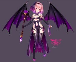 arms_at_sides bangs bat_wings breasts clothing_cutout corruption dark_persona dress eyebrows_visible_through_hair female floating gradient_hair grey_background hair_ornament hairband highleg highleg_panties highres holding holding_staff looking_at_viewer medium_breasts multicolored_hair navel_piercing panties parted_lips piercing pink_eyes pink_hair princess_connect! pubic_tattoo puririn purple_hair pussy_juice revealing_clothes see-through shoes short_hair simple_background solo staff succubus succubus_tattoo tattoo thighhighs twitter_username underwear wings yui_(princess_connect!)