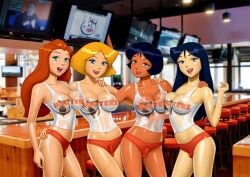 4futas alex_(totally_spies) anonfutashopper_(editor) big_breasts black_hair blonde_hair blue_eyes britney_(totally_spies) brown_eyes bulge bulge_through_clothing cleavage clover_(totally_spies) dark_skin disney_channel drew_gardner exposed_midriff eyeliner futa_focus futa_with_futa futanari green_eyes group hand_on_shoulder holding_hips hooters human intersex open_mouth orange_hair pale_skin red_hair sam_(totally_spies) small_penis sweat totally_spies violet_eyes wet_clothes