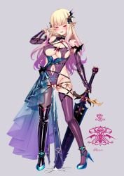 1girls arm_at_side asymmetrical_legwear blonde_hair bow breasts cleavage clitoris_piercing clothing_cutout collar corruption cum dark_persona dress ear_piercing female gradient_hair grey_background hair_ornament hairbow hand_up high_heels highres holding holding_sword holding_weapon large_breasts licking_lips long_hair looking_at_viewer mismatched_legwear multicolored_hair navel navel_piercing nipple_piercing piercing pointy_ears princess_connect! puririn purple_hair pussy_juice red_eyes revealing_clothes saren_(princess_connect!) simple_background slutty_outfit solo standing sword thighhighs tongue tongue_out twitter_username weapon