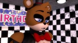 1boy 1girls 3d animated animatronic anthro balls bear_ears bent_over blush bowtie breasts butt_press buttjob checkered_floor checkered_wall corset ear_wiggle eyebrows female five_nights_at_freddy's five_nights_at_freddy's_2 freddy_(fnaf) heavy_breathing microphone moaning mp4 nightbotgrey nipples no_sound penis pizzeria smug speaker stage teasing text top_hat toy_freddy_(fnaf) turning_head vest video video_games