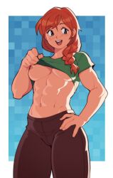 1girls 2d abs alex_(minecraft) blush breasts female female_only green_eyes light-skinned_female light_skin looking_at_viewer minecraft muscular_female nipples no_bra nsfw open_mouth open_smile orange_hair pale-skinned_female pale_skin pants pink_nipples ponytail shirt six_pack smile solo suoiresnu toned toned_female