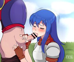 1boy 1girls armor blue_hair blush caeda_(fire_emblem) censored closed_eyes fellatio female fingerless_gloves fire_emblem fire_emblem:_mystery_of_the_emblem fire_emblem:_shadow_dragon_and_the_blade_of_light gloves hameneko long_hair male nintendo oral penis saliva straight sweat testicles