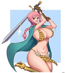 1girls armored_boots armored_gloves big_breasts bikini_armor braided_hair breasts cape female female_only gold_heels huge_breasts large_breasts long_hair one_piece pink_hair rebecca_(one_piece) revealing_clothes shounen_jump simmsy solo sword thick_thighs thighs white_background wide_hips