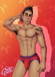 1boy aries big_bulge briefs briefs_only bulge cabaret_bara cabaret_bara_series firouz_(cabaret_bara) half-dressed hard_on lean_muscle male male_only melanin partially_clothed red_underwear solo solo_male tattoo tattoos twink underwear underwear_only zodiac_sign