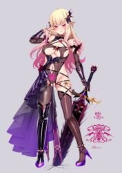 1girls arm_at_side asymmetrical_legwear blonde_hair bow breasts cleavage clitoris_piercing clothing_cutout collar corruption dark_persona dress ear_piercing female glowing glowing_weapon gradient_hair grey_background hair_ornament hairbow hand_up high_heels highres holding holding_sword holding_weapon large_breasts licking_lips long_hair looking_at_viewer mismatched_legwear multicolored_hair navel navel_piercing nipple_piercing piercing pink_hair pointy_ears princess_connect! puririn pussy_juice pussy_juice_trail red_eyes revealing_clothes saren_(princess_connect!) simple_background solo standing sword thighhighs tongue tongue_out twitter_username weapon