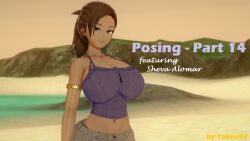 1girls 3d 3d_(artwork) african african_female beach big_breasts brown_eyes brown_hair cleavage clothed clothing curvaceous curvy dark-skinned_female dark_skin female_focus female_only huge_breasts large_breasts looking_at_viewer patreon pinup pinup_pose ponytail posing resident_evil resident_evil_5 revealing_clothes sheva_alomar skimpy_clothes solo sunset takeo92 tank_top text thick thick_thighs tight_clothing title topwear wide_hips