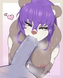 1boy 1girls anthro areolae blowjob breasts brown_eyes brown_fur cute fellatio female female_focus furry hands-free heart helicrab hi_res kneeling light_blush long_hair looking_at_penis male narrowed_eyes nude nude_female oral oral_sex panda panda_ears penis pov purple_hair sukebe two_tone_fur ursine wavy_mouth white_fur