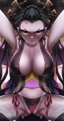 areola_slip armpits arms_up between_labia big_breasts black_hair cameltoe cleavage cleft_of_venus daki_(kimetsu_no_yaiba) demon_girl demon_slayer eyeshadow facial_markings fat_mons female female_only femdom h.carrrrrrot hair_ornament innie_pussy kimetsu_no_yaiba lingerie long_hair looking_at_viewer nipple_bulge obi plump_pussy puffy_pussy side-tie_panties sideboob smile solo spread_legs sweat thighhighs