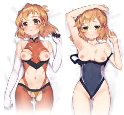 blonde_hair blue_swimsuit blush bodysuit breasts cameltoe clothes_pull collarbone elbow_gloves female gloves hair_ornament hairclip highres large_breasts looking_at_viewer lying minutachi multiple_views navel nipples on_back scar senki_zesshou_symphogear shiny shiny_hair shiny_skin short_hair sleeveless swimsuit swimsuit_pull tachibana_hibiki_(symphogear) torn_bodysuit torn_clothes white_gloves yellow_eyes