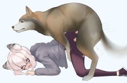 1animal 1girls ambiguous_penetration animal_ears ass_up domestic_dog glasses humanoid interspecies moaning mounting original ripped_clothing ripped_pants thighs voiddoke zoophilia