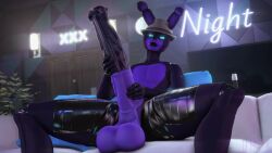 3d animated animatronic anthro balls black_body black_lips blunt_penis cyan_eyes doctorpurple2000 femboy five_nights_at_freddy's flared_penis glowing_eyes holding_penis horsecock joints large_penis long_ears long_penis looking_at_viewer low_hanging_testicles male male_focus male_only masturbation nighttrap nighttrap_(character) no_sound penis precum precum_bubble purple_balls purple_body robot_joints rugged_penis sagging_balls sheath smooth_balls stroking toothpick toothpick_in_mouth two_tone_body video