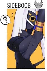 ? anu_(bugita) arm_up armlet armpits black_eyes black_skin bugita closed_mouth colored_sclera colored_skin covered_navel covered_nipples egyptian female furry furry_female hair_over_one_eye nipple_piercing original piercing solo speech_bubble sweat white_hair yellow_sclera