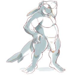 1boy anthro balls cetacean chubby_anthro chubby_male fin flaccid foreskin genitals hand_on_head hand_on_hip head_fin hi_res humanoid_genitalia humanoid_penis male male_only mammal marine miharushoka penis simple_background slightly_chubby smile solo standing teeth white_background