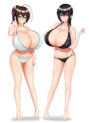 2girls barely_any_clothes black_hair breasts_bigger_than_head bursting_breasts huge_breasts hyper hyper_breasts kazuu_(artist) long_hair looking_at_viewer massive_breasts multiple_girls short_hair tagme