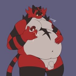 absurd_res anthro bodily_fluids flaccid foreskin fupa genitals hi_res incineroar lactating male male_lactation male_only nintendo obese obese_male overweight overweight_male penis pokémon_(species) pokemon rionmaro small_penis solo video_games