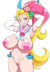 areola_slip areolae armpits arms_behind_head blonde_hair blue_hair breasts clothing cure_summer female flower glands_of_montgomery green_eyes hair_flower hair_ornament heart_pasties high_ponytail highres huge_breasts jabara_tornado large_breasts long_hair looking_at_viewer magical_girl micro_panties microskirt multicolored_hair natsuumi_manatsu navel panties partially_visible_vulva pasties pink_hair pink_heart_pasties pink_pasties precure pretty_cure simple_background skirt smile tropical-rouge!_precure underwear white_background