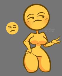 annoyed annoyed_expression bald bald_female bald_woman blush breasts emoji emoji_(race) eyebrows grey_background hand_on_hip iconicleah looking_unpleasured meme mob_face tagme thick thick_thighs unamused unimpressed yellow_body yellow_skin