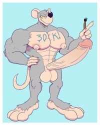 2020 abs anthro armpit_hair balls big_balls big_biceps big_feet big_pecs big_penis black_nose blue_background body_hair body_writing brush buckteeth feet fur genitals glans grey_body grey_fur hand_on_hip hi_res holding_brush holding_object holding_paintbrush huge_cock hyper hyper_genitalia hyper_penis jim_rat looking_at_viewer male male_only mammal milestone_celebration mospy_(artist) murid murine muscular muscular_anthro muscular_male nipples nude paintbrush pecs penis pink_glans rat rodent serratus simple_background solo solo_male standing tan_balls tan_nipples tan_penis tan_tail teeth writing_on_chest yellow_sclera