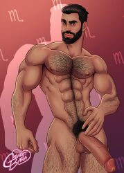 big_penis boner cabaret_bara cabaret_bara_series erect_penis erection hairy huge_cock male male_only muscular nikolaos_(cabaret_bara) scorpio smirk solo_male zodiac_sign