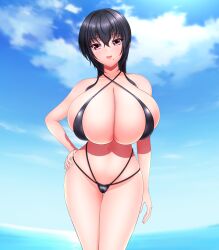 1girls beach black_hair huge_breasts kazuu_(artist) massive_breasts tagme