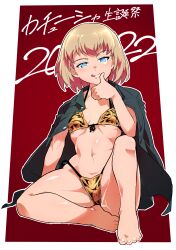 2022 absurdres animal_ears animal_print bangs barefoot bikini blonde_hair blue_eyes chinese_zodiac female girls_und_panzer highres katyusha looking_at_viewer new_year red_background shinkuukan_(tetsuo3) shirt shirt_on_shoulders short_hair solo swimsuit tiger_print toes translated year_of_the_tiger