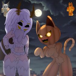 2girls breasts cat_ears cat_tail female female_only furry glowing_eyes halloween moon nain0502 night pussy reference_image roblox roblox_avatar robloxian stomach tagme thighs