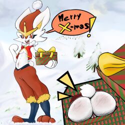 2020 3_toes absurd_res anthro ass breasts christmas_present cinderace cutaway feet female front_view fur genitals happy hi_res holding_object nintendo nipples open_mouth outside plant pokémon_(species) pokemon pussy red_eyes skunkleh snow solo speech_bubble standing toes tree video_games white_body white_fur