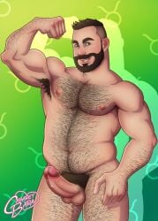 1boy balls ballsack bear beard body_hair brown_eyes brown_hair cabaret_bara cabaret_bara_series dad_bod erect_penis erection facial_hair flexing_bicep foreskin hairy hairy_male hard_cock henry_(cabaret_bara) human human_bear intact male male_nipples male_only male_pubic_hair manly masculine musclegut muscular_male nude_male penis precum precum_drip retracted_foreskin scrotum smooth_penis solo taurus testicles thick uncensored uncut zodiac_sign