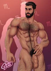 1boy abs amber_eyes balls ballsack beard black_hair body_hair cabaret_bara cabaret_bara_series dilf facial_hair foreskin hairy hairy_male human intact long_foreskin male male_nipples male_only male_pubic_hair manly masculine mature_male muscular_male nikolaos_(cabaret_bara) nude_male pecs penis scorpio scrotum semi-erect solo testicles uncut unretracted_foreskin veiny_penis zodiac_sign