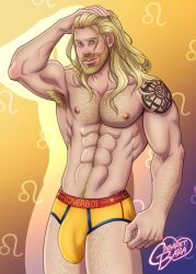 abs aleksander_(cabaret_bara) armpit_hair bara beard big_bulge blonde_hair briefs briefs_only bulge cabaret_bara cabaret_bara_series hairy leo long_hair male_only muscular muscular_male tattoo thighs underwear yaoi zodiac_sign