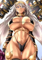 1girls 2021 abs absurdres bare_shoulders bikini black_bikini blue_eyes breasts bursting_breasts chains closed_mouth crown cuffs dark-skinned_female dark_skin earrings elbow_gloves fate/grand_order fate_(series) female female_focus female_only from_below gloves gold_chain grey_hair highleg highleg_bikini highres jewelry long_hair looking_at_viewer looking_down navel neck_ring seductive seductive_eyes seductive_gaze seductive_look seductive_mouth seductive_smile smile smiling smiling_at_viewer solo solo_female swimsuit tagme tan thick_ass thick_thighs thighs toned toned_female underboob ura_tomoya very_long_hair white_hair zenobia_(fate)