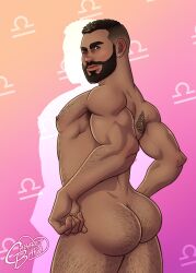 ass bara bare_ass cabaret_bara cabaret_bara_series hairy hairy_ass karim_(cabaret_bara) libra male male_only melanin solo_male tattoo teasing triquetra winking zodiac_sign