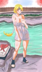 bare_arms bare_legs bare_shoulders bathhouse big_breasts blonde_hair breasts busty cleavage clothes_removed feet female forehead_protector full_body functionally_nude headband himawar1 hot_spring huge_breasts kumogakure_symbol light-skinned_female light_skin looking_at_viewer mature mature_female naked naked_footwear naked_with_shoes_on naruto naruto_(series) naruto_shippuden nii_yugito nude onsen open_toe_shoes outdoors ponytail sandals shiny shiny_hair shiny_skin skindentation solo solo_female solo_focus tied_hair toes towel towel_only very_long_hair water wet_towel