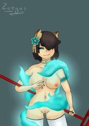 1girls ass big_breasts blind brawlhalla breasts choker closed_eyes closed_mouth cute eyeliner female fox_ears fox_tail glowing hair_ornament hammer happy kitsune pussy thick_thighs thigh_gap thigh_socks thighs yumiko_(brawlhalla) zozgus_(artist)