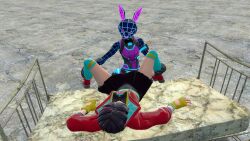 3d bunny_ears bunny_girl bunnysuit bunnywolf_(fortnite) fortnite leg_grab purple_eyes rox_(fortnite) skirt skirt_lift skirt_person