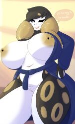 anthro big_breasts breasts dialogue dullyarts female genitals hi_res huge_breasts mammal marine mature_female nipple_piercing nipples piercing pinniped pussy seal solo thick_thighs whiskers