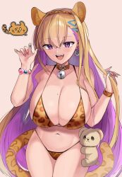 1girls 2021 animal_ears animal_print bangs bell bikini blonde_hair boryeon_(last_origin) breasts claw_pose cleavage colored_inner_hair crossed_bangs eyebrows_visible_through_hair fake_animal_ears fangs female female_only gyaru hair_between_eyes highres huge_breasts kamchrome_(kiwitownxi) kogal last_origin leopard_ears leopard_print leopard_tail light-skinned_female light_skin mole mole_on_breast multicolored_hair multicolored_nails nail_polish navel neck_bell open_mouth purple_eyes purple_hair smile solo stuffed_animal stuffed_toy swimsuit tail teddy_bear triangle_hair_ornament