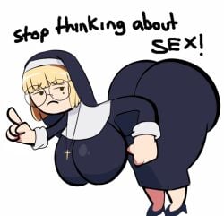 1girls ass bent_over big_ass big_breasts black_eyes blonde_hair breasts bubble_butt cross_necklace cuteakita female female_only glasses high_heels large_ass large_breasts leaning_forward light-skinned_female light_skin meme mole mole_above_mouth necklace nun nun's_habit nun_outfit original_character round_glasses simple_background solo solo_female stop_thinking_about_sex tagme white_background