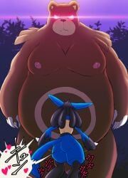 2022 absurd_res anthro ass belly blue_body brown_body duo genitals heart hi_res kemono lucario male male_only moobs nintendo nipples outside overweight overweight_male penis pokemon pokemon_(species) rusk07 ursaring video_games