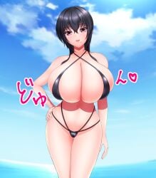 1girls beach black_hair huge_breasts kazuu_(artist) massive_breasts tagme translation_request